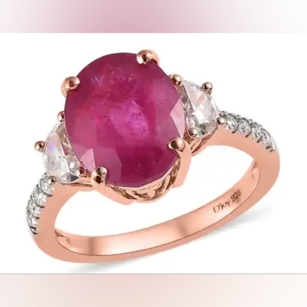 Hot Pink Sapphire FF and Moissanite Ring in Vermeil Rose Gold O/ Sterling Silver